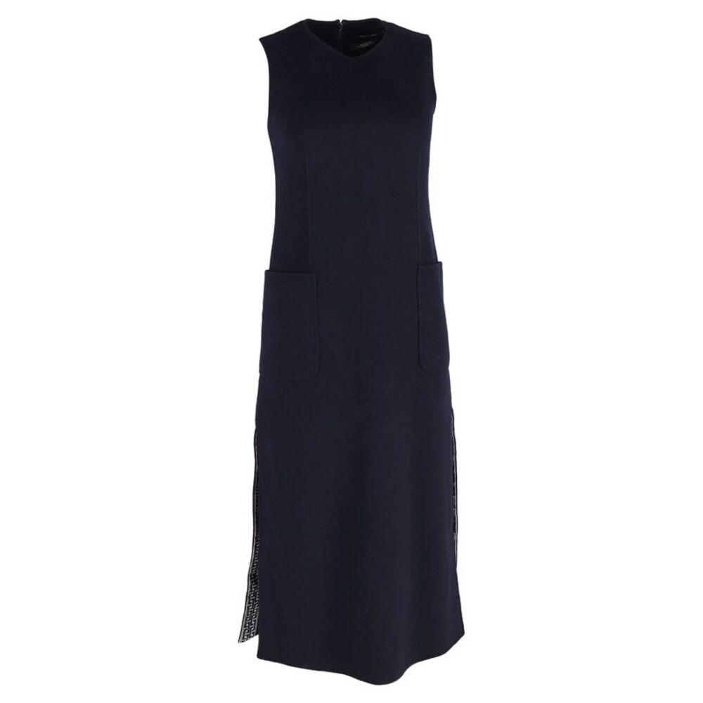 Max Mara Side Slit Midi Dress with Pockets in Navy Blue Wool